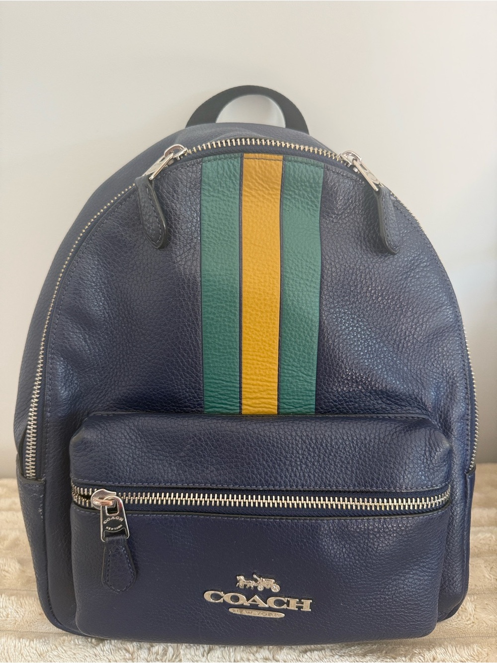Coach Navy Leather Backpack with Green and Yellow Center Stripes